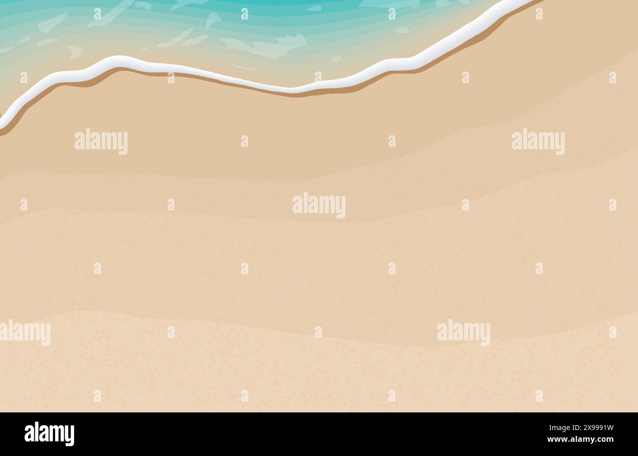 Onde morbide con schiuma blu dell'oceano sulla spiaggia sabbiosa estiva. Illustrazione Vettoriale