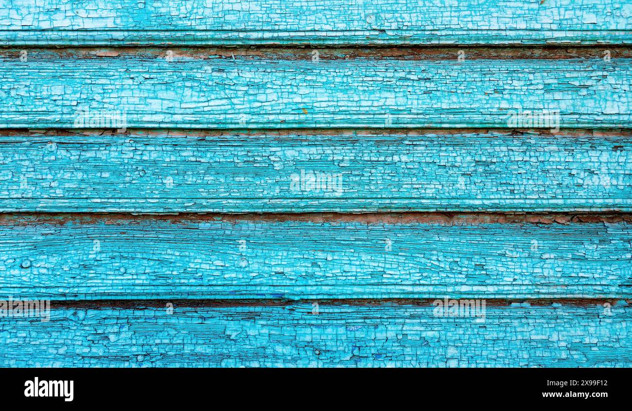 Vecchie tavole di legno grezzo con crepe come sfondo creativo. Le tavole di legno sono rivestite con la vernice squallida Foto Stock