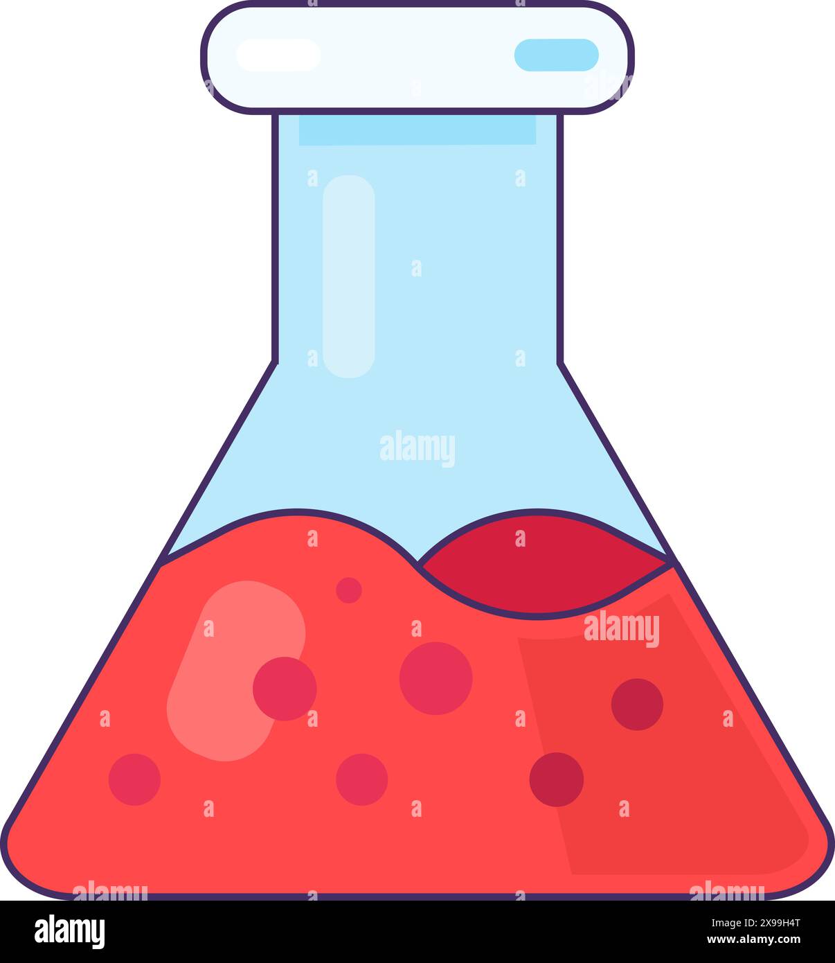 Matraccio largo con icona rossa del liquido gorgogliante. Attrezzature per analisi chimiche del sangue, elemento cartoni animati medicali accarezzati per design moderno e retrò. Semplice c Illustrazione Vettoriale