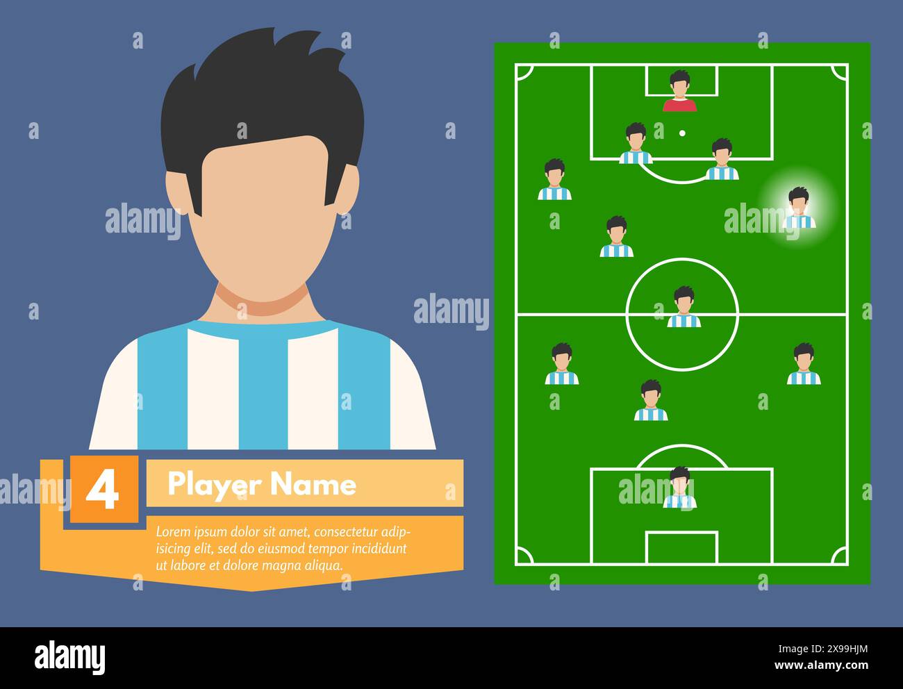 Profilo del giocatore di calcio e il suo posto sul campo di calcio. Illustrazione vettoriale Illustrazione Vettoriale