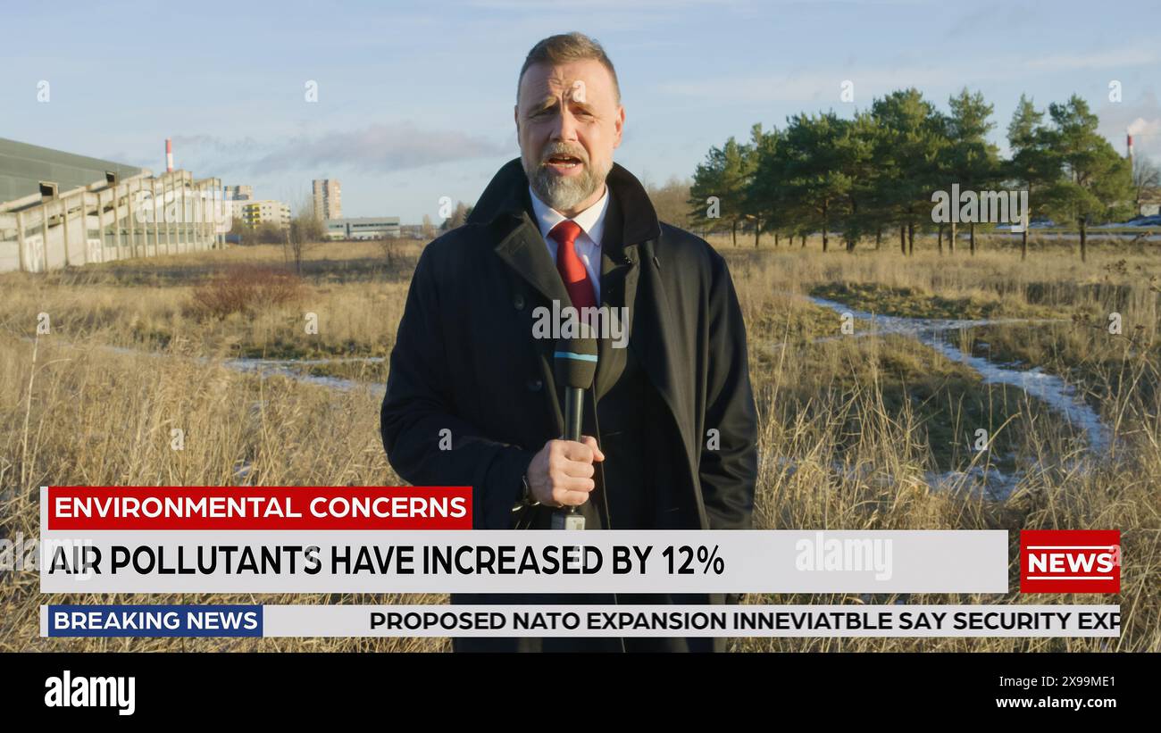 TV News Live Report: Anchor Correspondent does Reporting Segment on Environment Trash, Toxic waste, Ecology, Environment Interview with Concerned Citizen. Programma televisivo via cavo Foto Stock