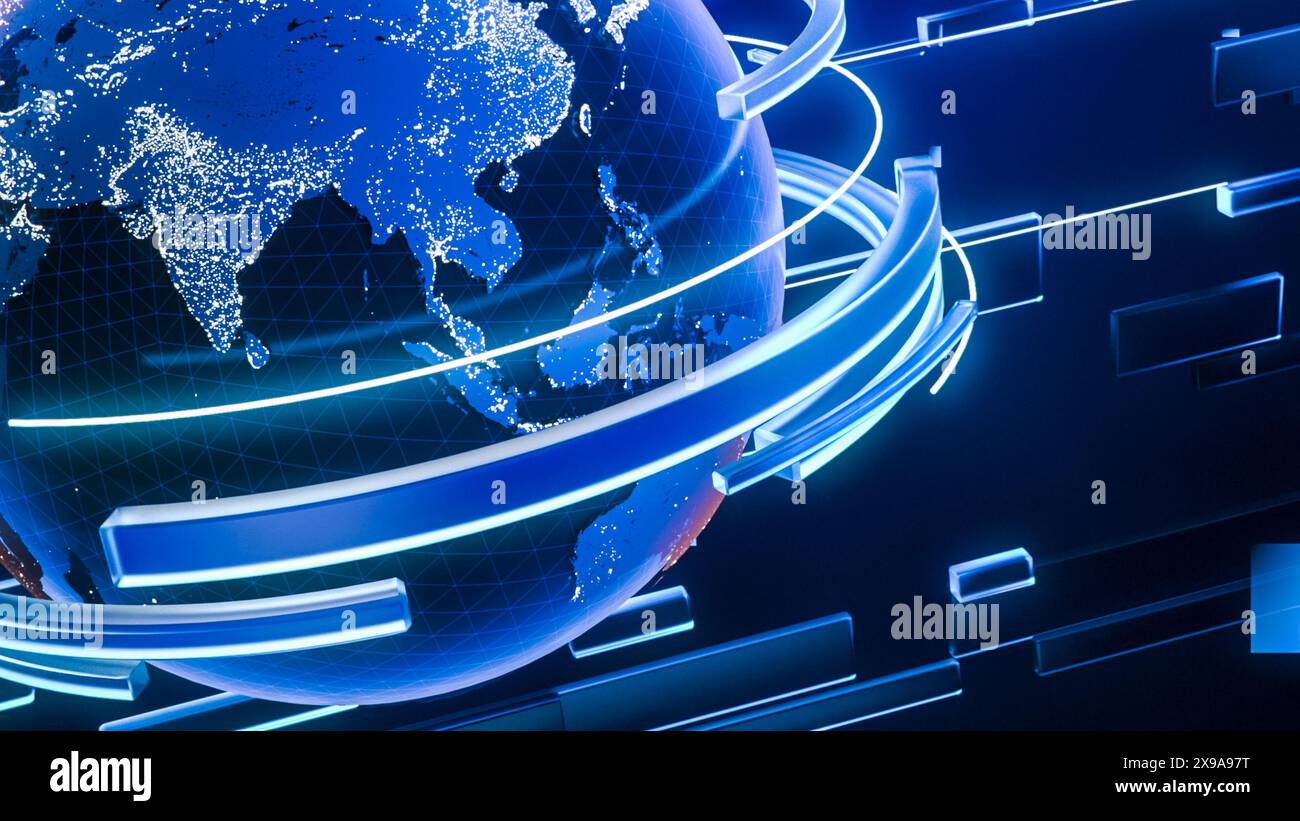 Spinning Globe generato digitalmente da utilizzare come sfondo in video, notizie e sfondi. 3D Planet Earth Revolving con linee astratte concettuali che ruotano intorno e sullo sfondo. Foto Stock