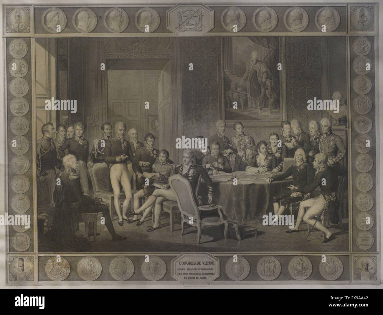 Congresso di Vienna (dal 1° novembre 1814 al 9 giugno 1815). Assemblea internazionale convocata da Francesco i d'Austria. Il suo scopo era quello di ristabilire i confini europei dopo la sconfitta di Napoleone e la successiva abdicazione. I ministri del Congresso di Vienna. Inchiostro su carta, 1815. Museo del Risorgimento. Milano. Italia. Foto Stock