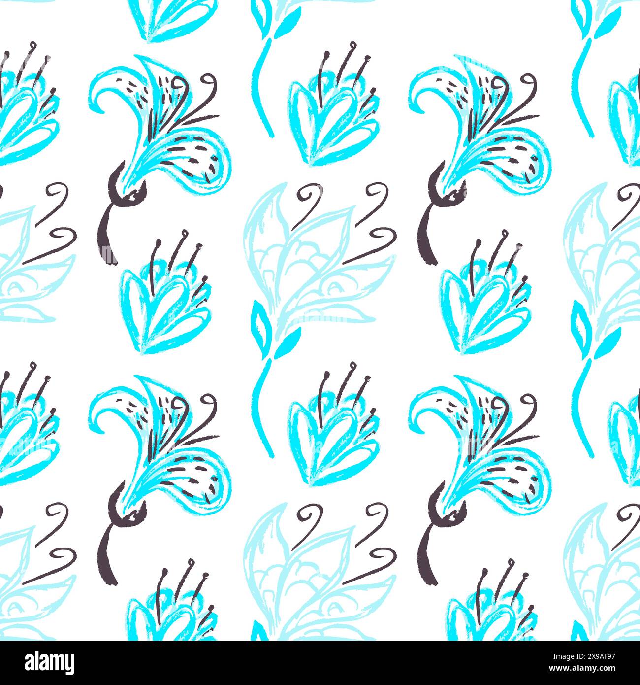 Motivo senza cuciture. Fiori blu. Disegni per bambini con pastelli di cera. Stampa per tessuti, tessuti, tessuti, carta da parati Illustrazione Vettoriale