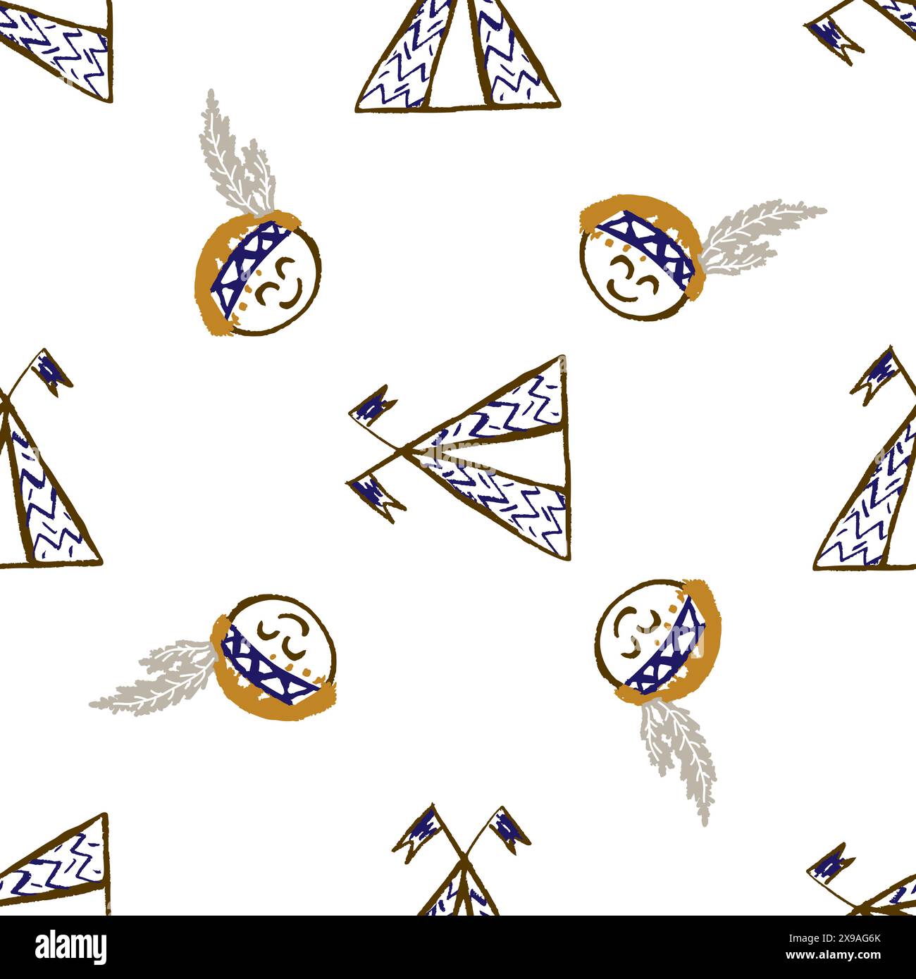 Motivo senza cuciture. Disegni per bambini con pastelli di cera. Wigwam, indiano. Stampa Illustrazione Vettoriale