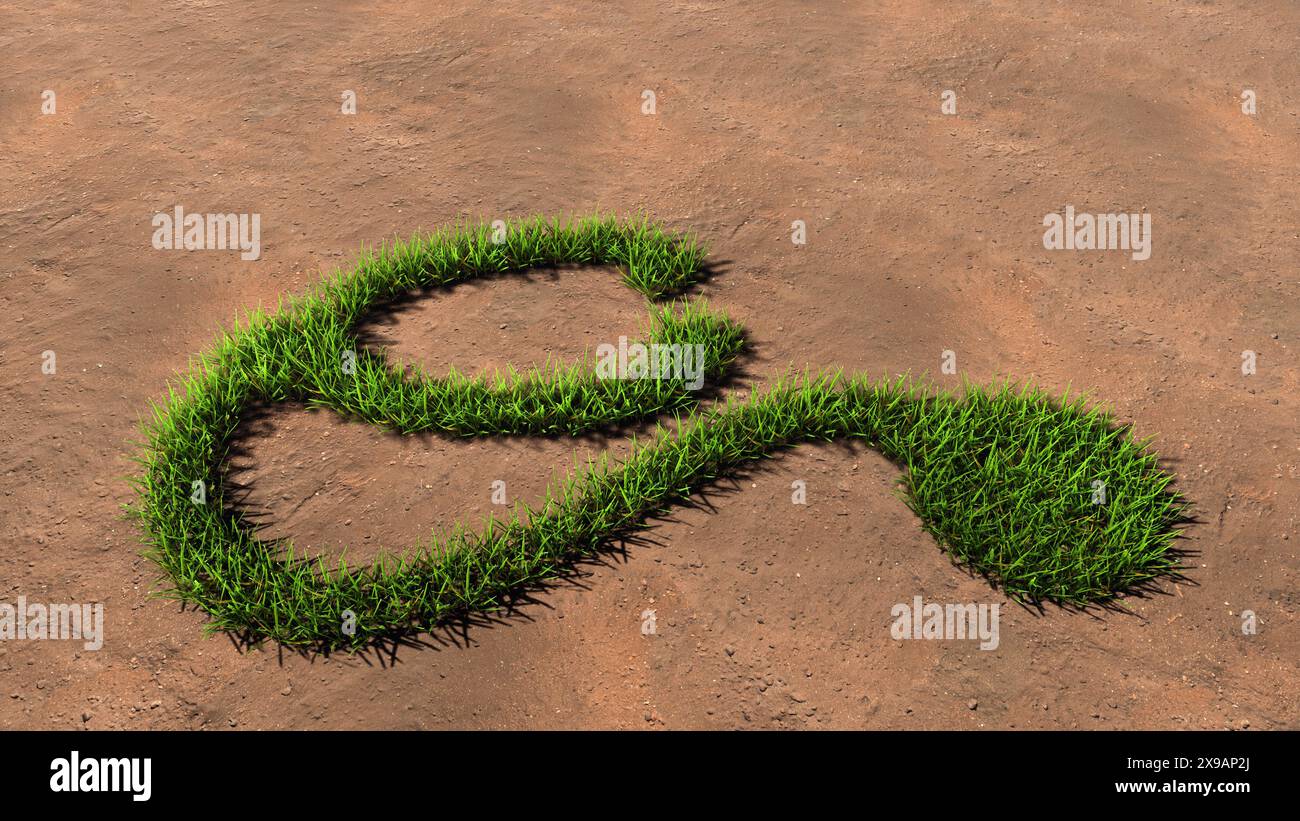 Concetto o concettuale verde prato estate erba simbolo forma sul suolo marrone o sfondo terra, segno di stetoscopio di controllo. Una metafora di illustrazione del 3D Foto Stock