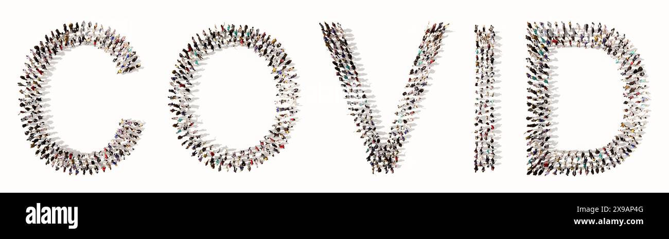 Concetto concettuale grande comunità di persone che formano la parola COVID. illustrazione 3d metafora per prevenire la trasmissione del virus, distanziamento sociale Foto Stock