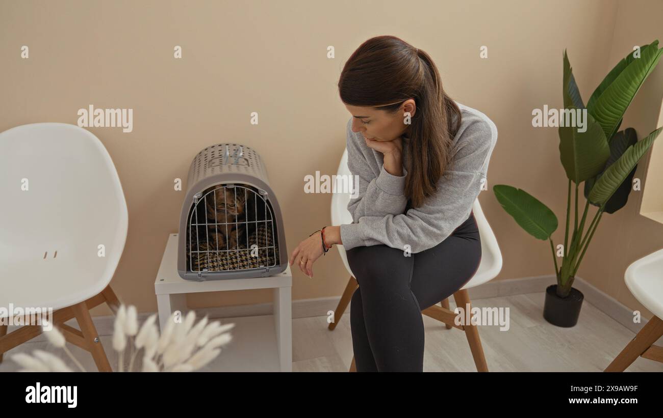 Una giovane donna ispanica siede in una sala d'attesa veterinaria con il gattino in un portabagagli, anticipando il loro appuntamento. Foto Stock