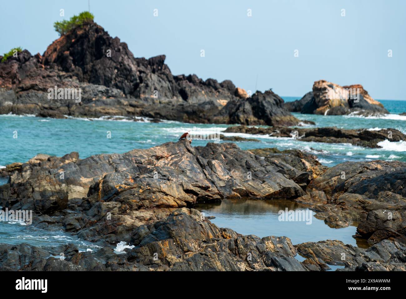 Un pescatore solitario si erge su rocce aspre, gettando la sua linea nel tranquillo oceano blu. Una tranquilla scena costiera per gli amanti delle attività all'aria aperta. Foto Stock