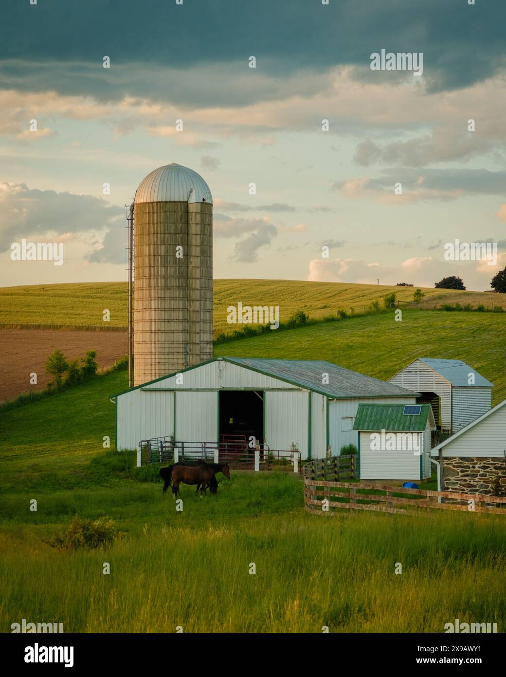 Fienile e silo in una fattoria a Glen Rock, Pennsylvania Foto Stock