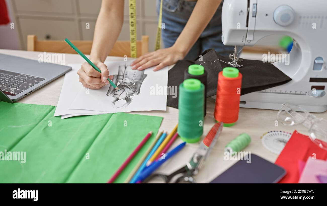 Una donna disegna un abito su carta in mezzo a tessuti colorati, fili e una macchina da cucire in un atelier di sartoria. Foto Stock