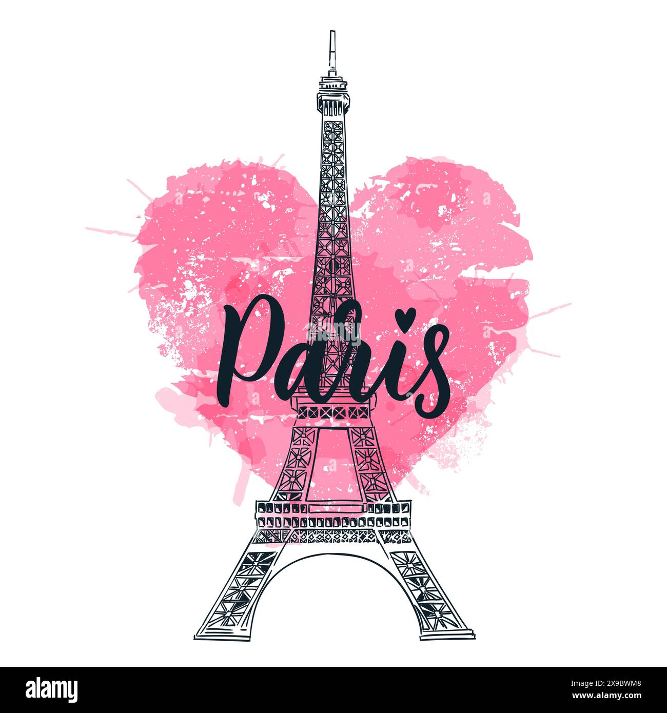 Viaggia verso Parigi poster, biglietto d'auguri, stampa con la Torre Eiffel su sfondo a cuore rosa acquerello e scritta calligrafica disegnata a mano. Schizzo vettoriale Illustrazione Vettoriale