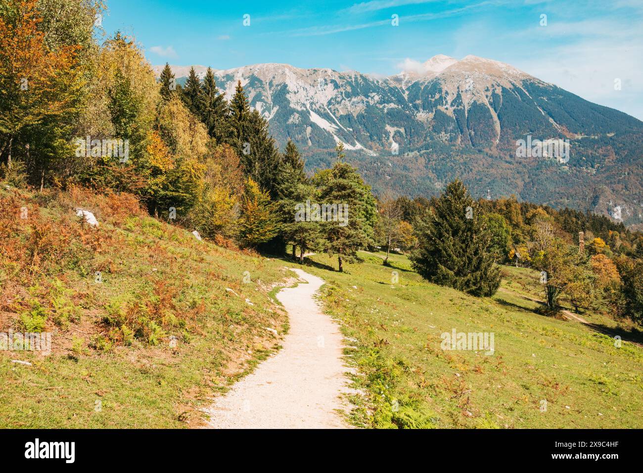 Un sentiero escursionistico attraverso la campagna slovena vicino al villaggio di Zasip, in una calda giornata autunnale Foto Stock