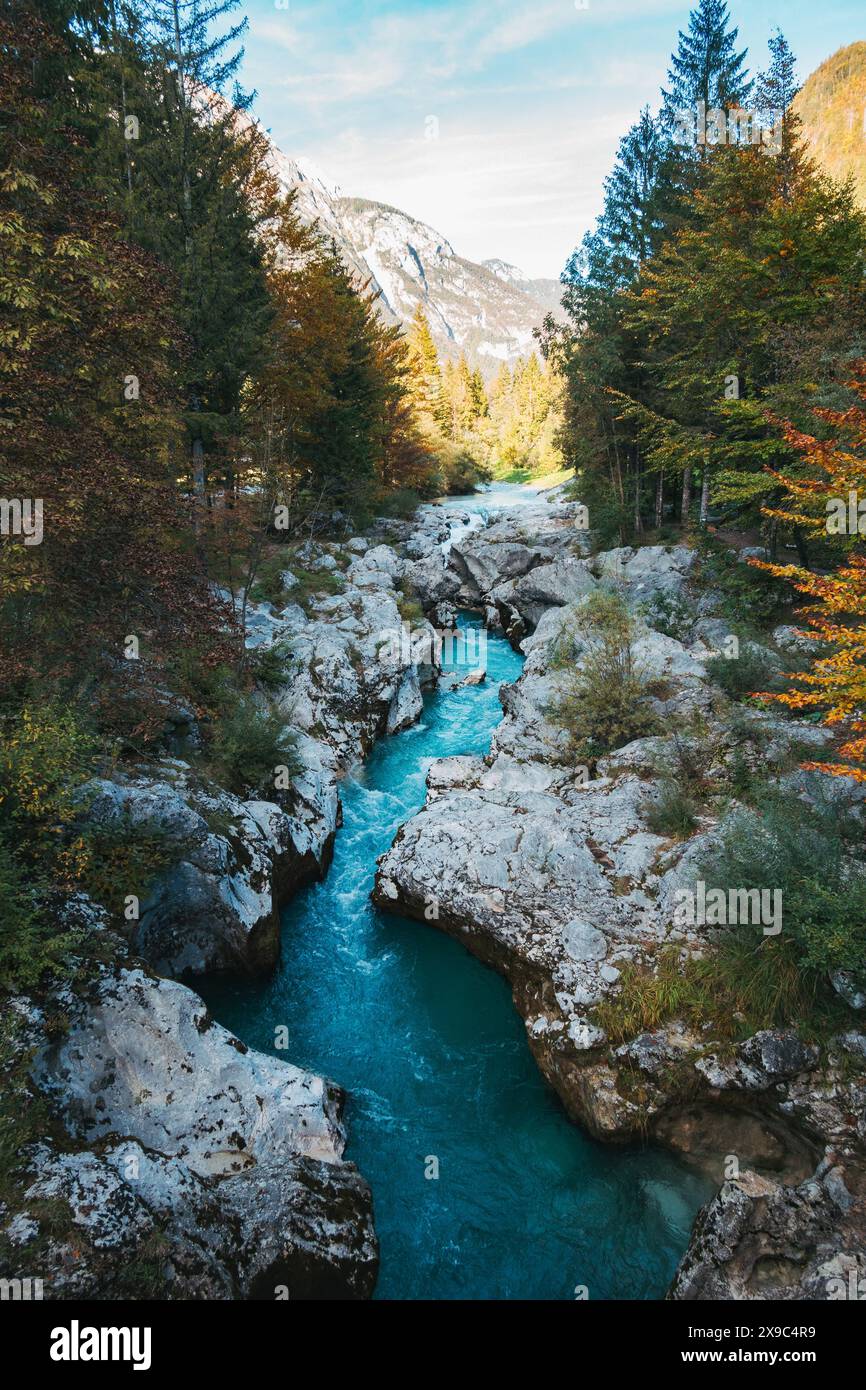 Il fiume Soča nella valle di Soča nelle Alpi Giulie, Slovenia Foto Stock