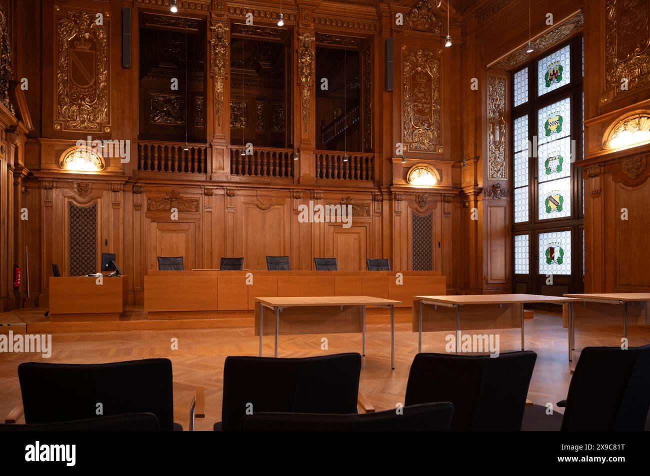 Foto interna, grande aula di tribunale, Tribunale amministrativo federale, ex Corte Imperiale di giustizia, Lipsia, Sassonia, Germania Foto Stock