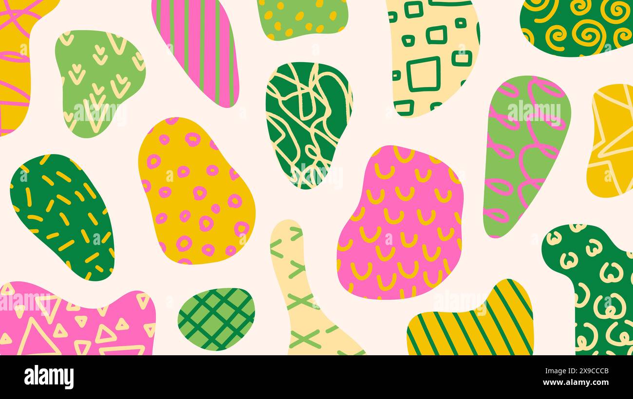 Divertente design astratto con forme colorate, scarabocchi disegnati a mano e scarabocchi. College alla moda in stile anni '70-'80 Illustrazione Vettoriale