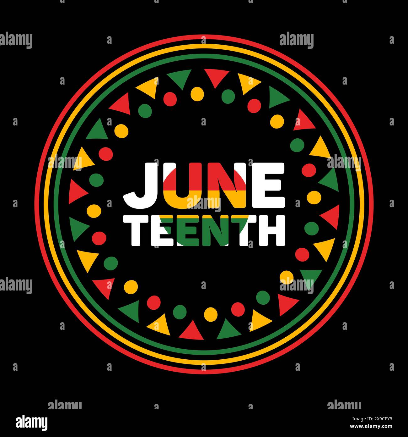 Juneteenth. Giornata della libertà. Striscione quadrato luminoso. Lettere, modello astratto etnico. Festa federale DEGLI STATI UNITI. Abolizione della schiavitù. African American Heritage AN Illustrazione Vettoriale