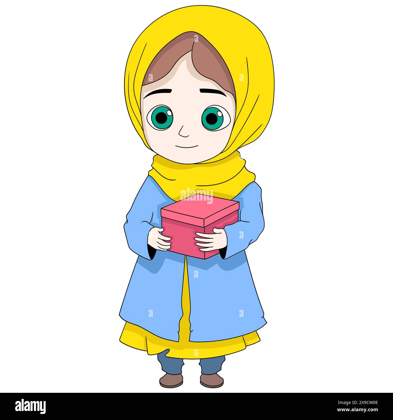 Ramadan cartoon doodle illustrazione di carità, bambina sta portando regali ai poveri Illustrazione Vettoriale