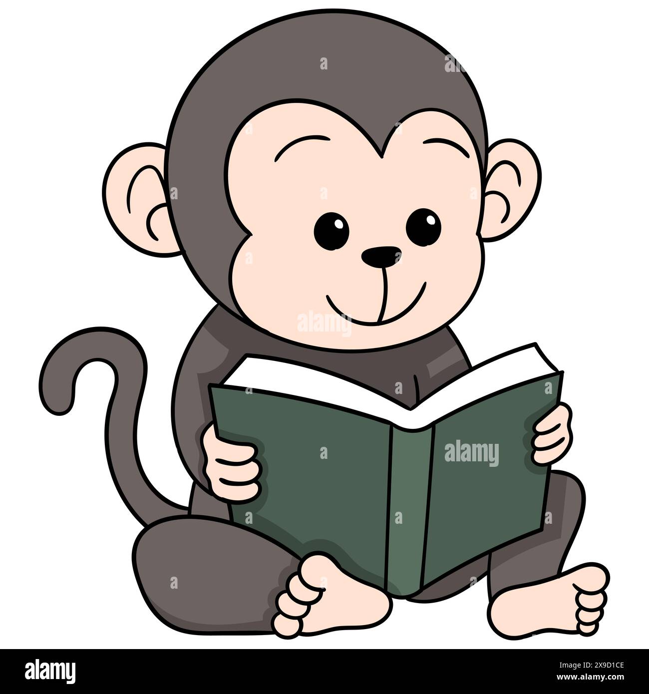 doodle educativo dei cartoni animati, studente di scimmia seduto a leggere un libro di scienze Illustrazione Vettoriale