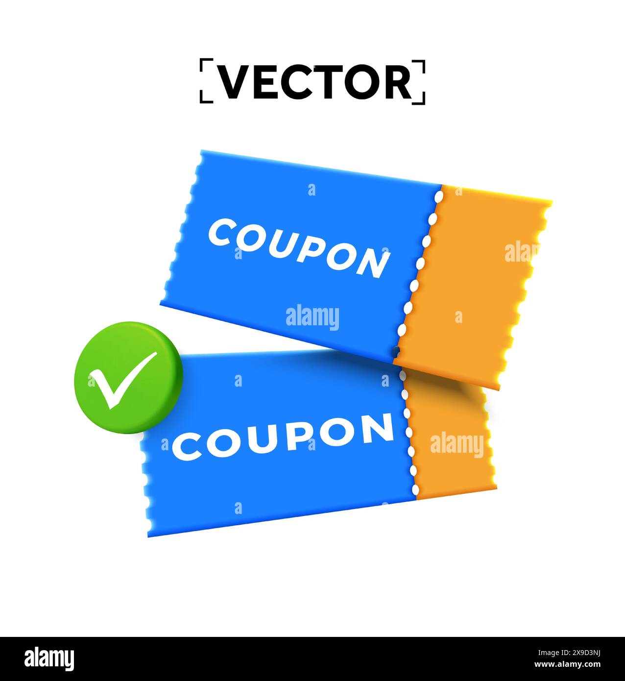 coppia 3d di buoni con codice promozionale e segno di spunta verde, isolati su sfondo bianco. Offerta speciale con buoni o voucher. Icona voucher regalo. illustrazione vettoriale 3d. Illustrazione vettoriale Illustrazione Vettoriale
