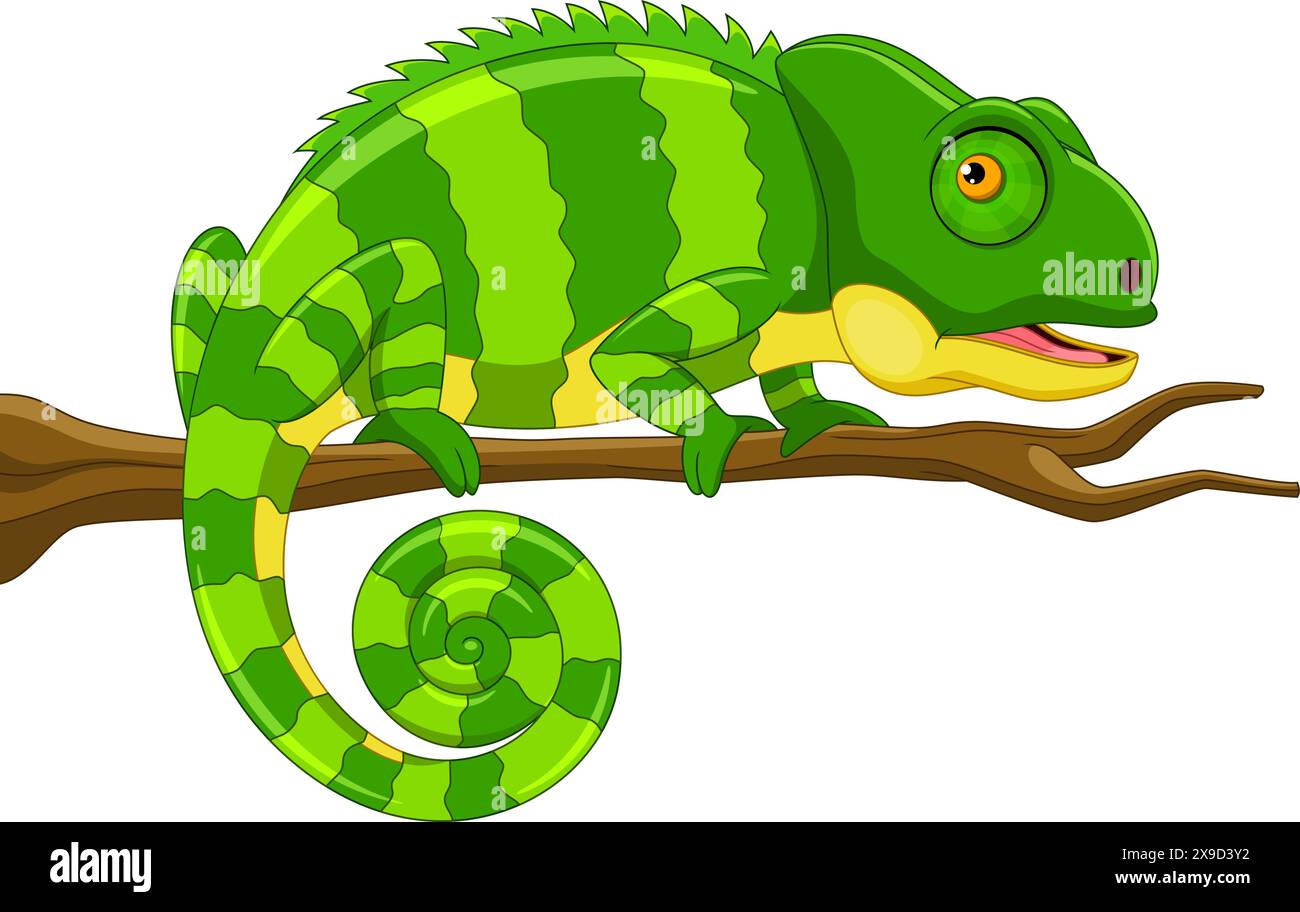 Carino cartone animato con iguana verde con espressione facciale sorridente Illustrazione Vettoriale