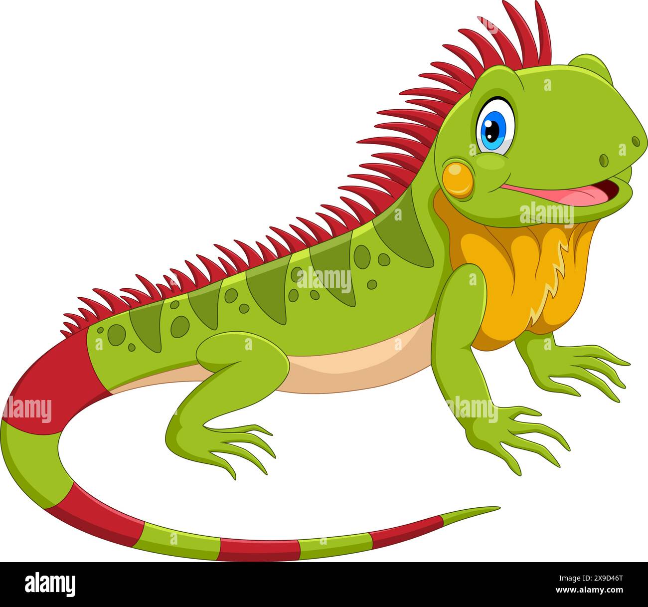 Carino cartone animato con iguana verde con espressione facciale sorridente Illustrazione Vettoriale