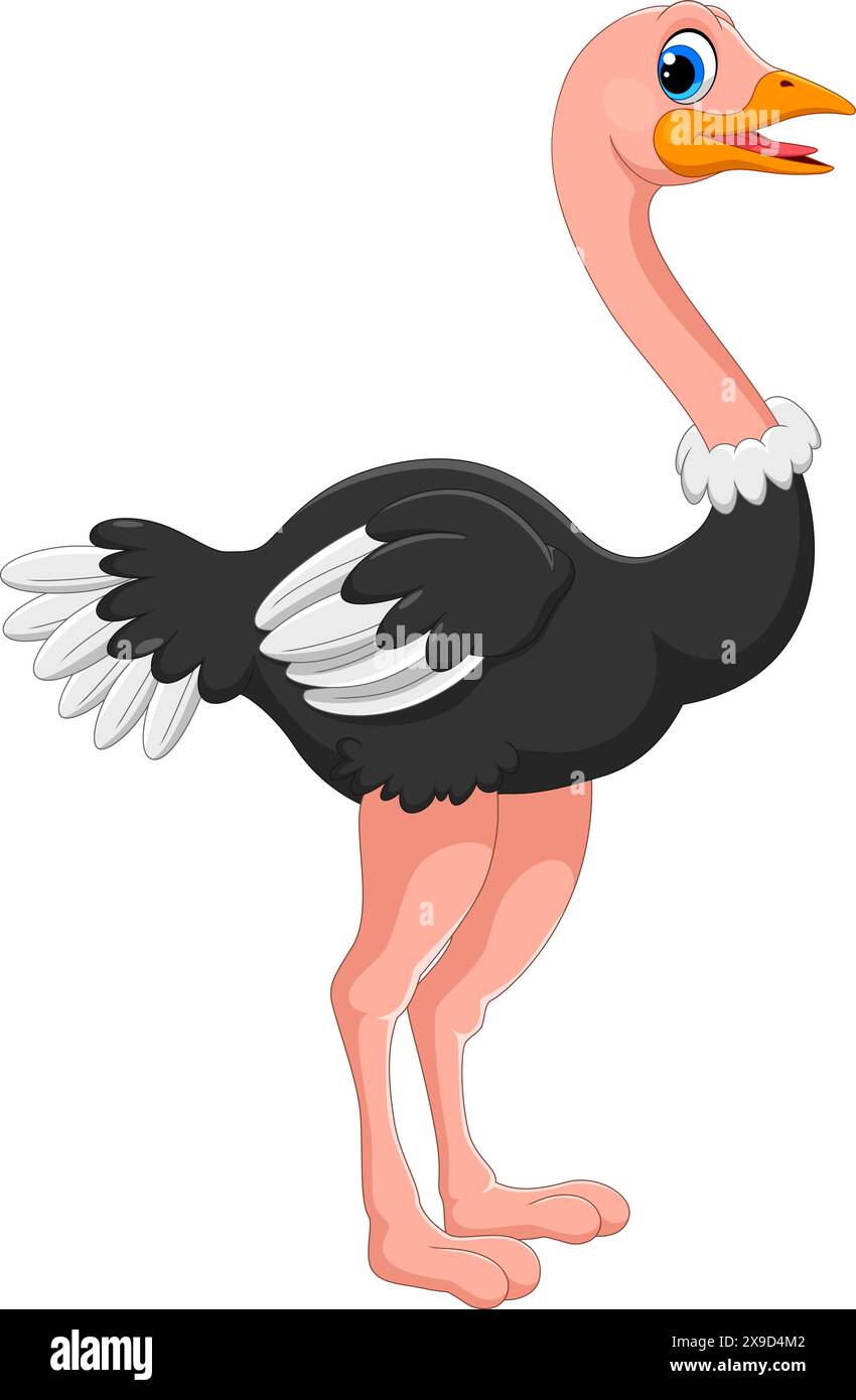Carino cartone animato di struzzo isolato su sfondo bianco Illustrazione Vettoriale