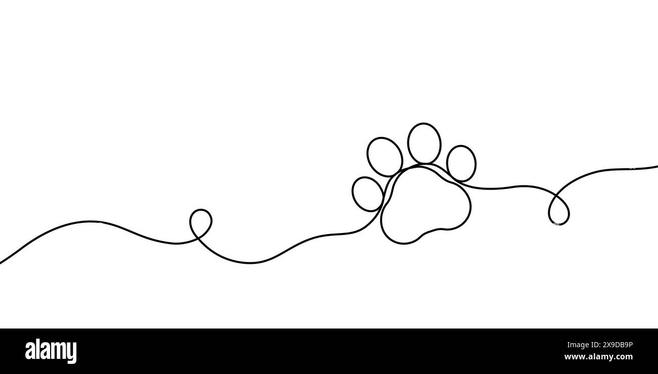 Impronta Paw di un cane o di un gatto. Stampe animali con linea nera isolate su sfondo bianco. Impronta animale domestico. Disegnare un segno di cucciolo. Simpatiche zampe canine disegnate a mano Illustrazione Vettoriale