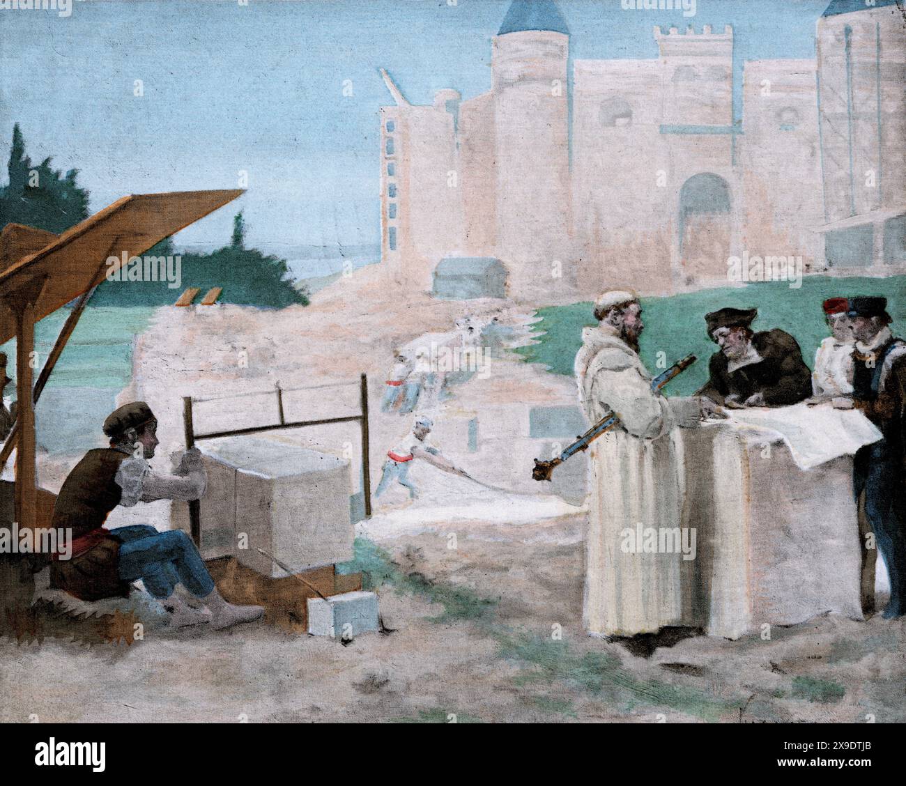 Scena da Gargantua e Pantagruel di Francois Rabelais, di Jules Garnier. Chapter 1.LII.—come Gargantua ha causato la costruzione per il monaco l'abbazia di T Foto Stock