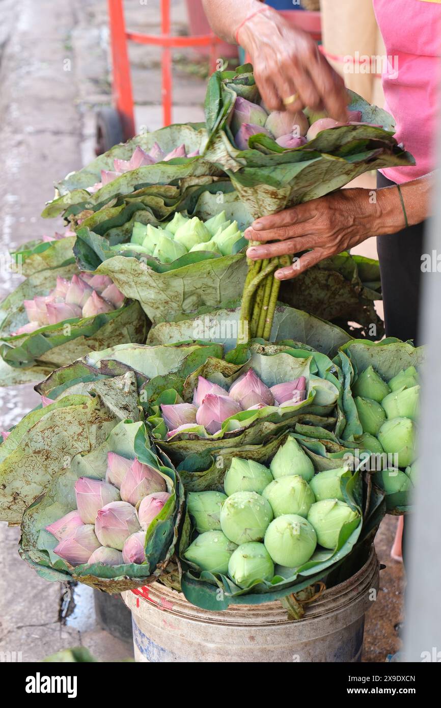 Un venditore organizza fiori in un mercato di fiori a Bangkok. Foto Stock