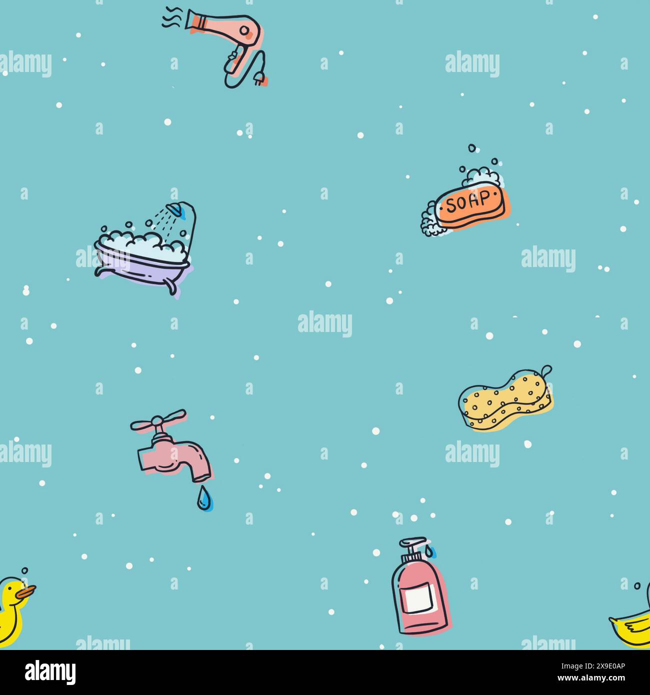 il motivo senza cuciture del disegno a mano delinea un cartoni animati cartoni animati con articoli da bagno decorati con bolle isolate su sfondo verde Foto Stock