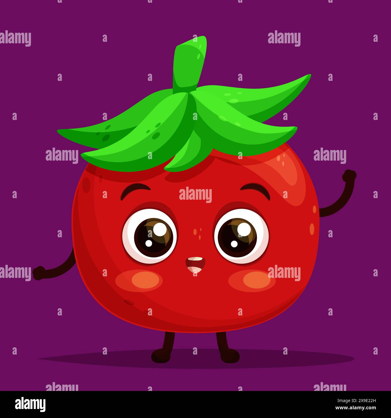 Personaggio dei cartoni animati rosso pomodoro felice in piedi e mano che ondeggia, espressione sorridente eccitata, saluto, illustrazione vettoriale piatta. Illustrazione Vettoriale