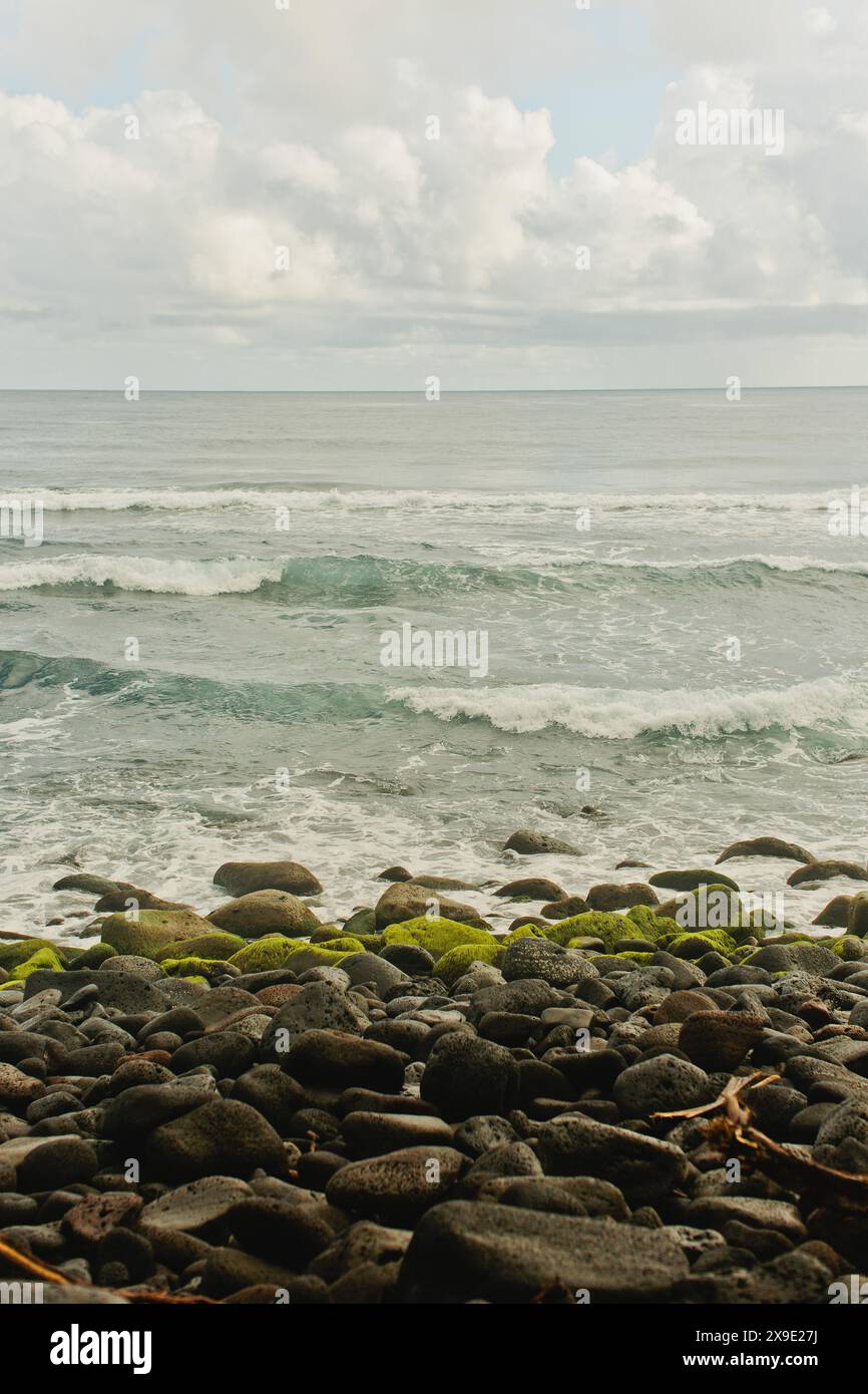 Le onde tropicali dell'oceano alle Hawaii si infrangono su rocce ricoperte di muschio verde Foto Stock