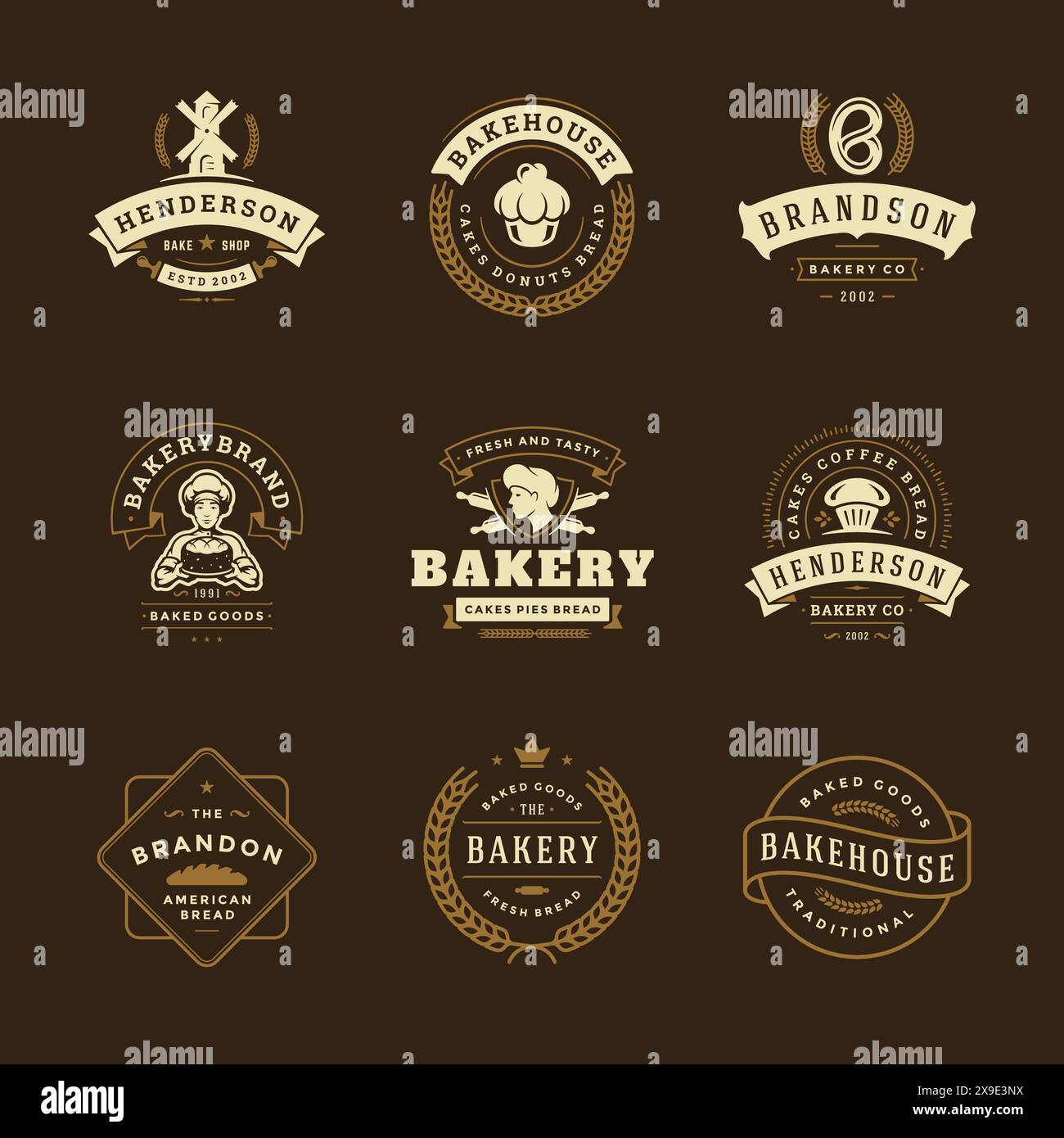 I modelli di design dei loghi e dei badge dei prodotti da forno rappresentano un'illustrazione vettoriale. Buono per bakehouse e Cafe' emblemi. Elementi tipografici e silhouette retrò. Illustrazione Vettoriale