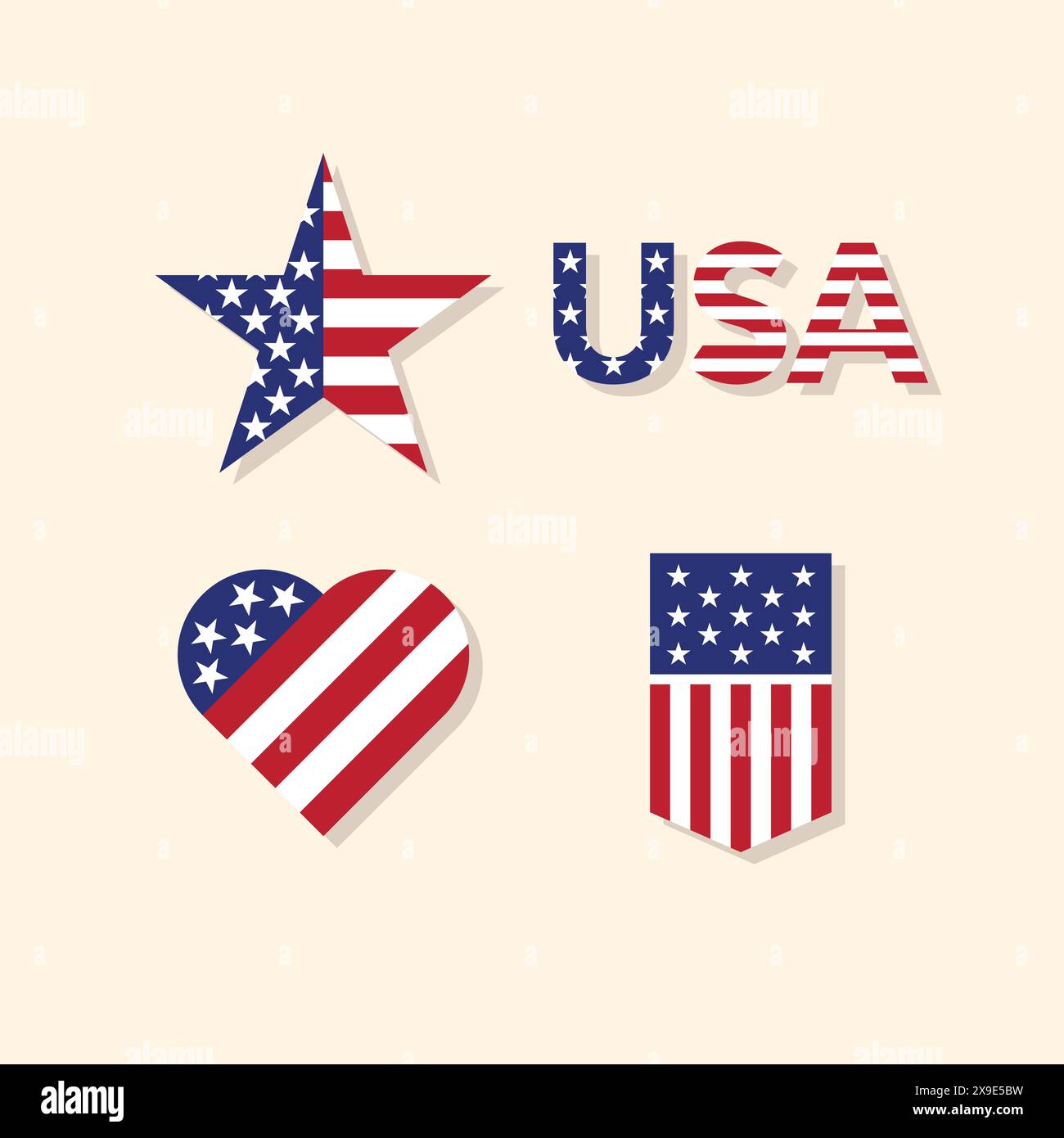 Set vettoriale di motivo di bandiera America a forma di cuore, stella, bandiera appesa su tela e testo USA isolato su sfondo giallo per il giorno dell'indipendenza Illustrazione Vettoriale