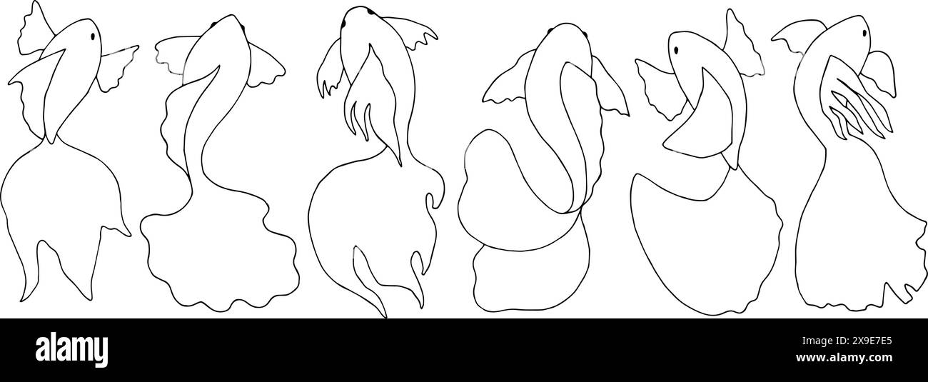 Set di pesci grafici. Disegno dei contorni in bianco e nero con vari animali marini. Contorno del simbolo del pesce Koi. Schizzo lineare del libro da colorare per bambini in Illustrazione Vettoriale