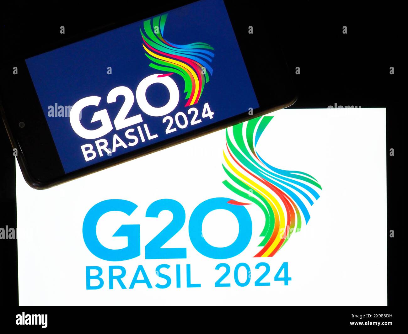 Ucraina - maggio 31. 2024: In questa illustrazione fotografica, un logo del vertice del G20 di Rio de Janeiro del 2024 visualizzato su uno smartphone. Un summit previsto Foto Stock