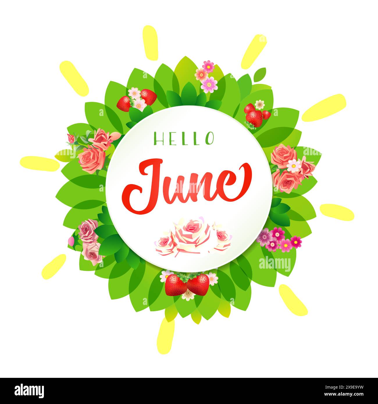 Salve, saluti di giugno. Corona floreale con fragole, rose vintage e foglie verdi. Progettazione 3D. Post sulla cronologia dei social network. Blog di storie Illustrazione Vettoriale