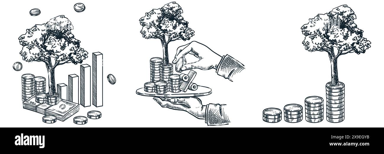 Set di illustrazioni di investimento per schizzi disegnati a mano. Investire, risparmiare denaro e finanziare la crescita aziendale. Mano umana che tiene vassoio con albero crescere Illustrazione Vettoriale