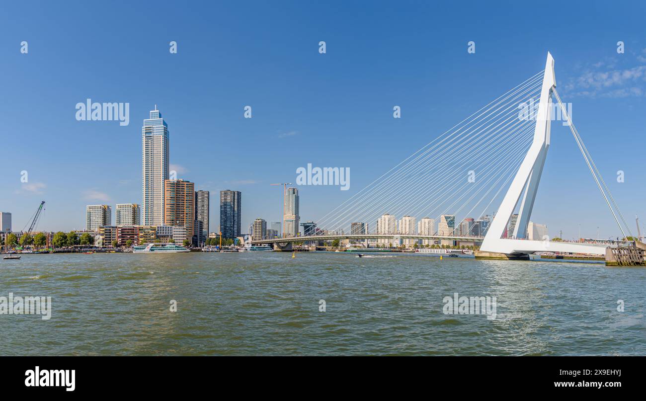 Foto panoramica dello skyline di Rotterdam dal fiume Maas contro il cielo blu Foto Stock