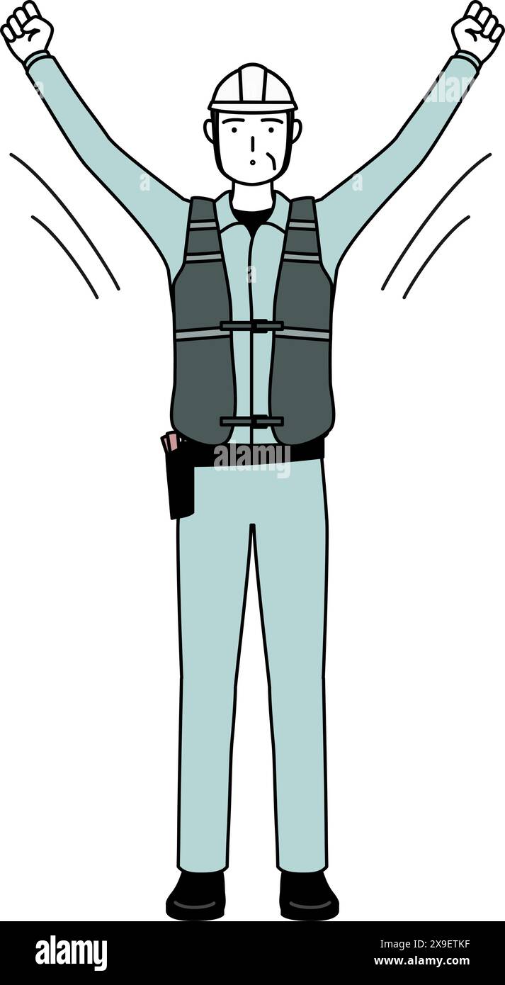 Ingegnere senior maschio in casco e indumenti da lavoro che esegue radiocalisteni, preparazione per la prevenzione degli incidenti, illustrazione vettoriale Illustrazione Vettoriale