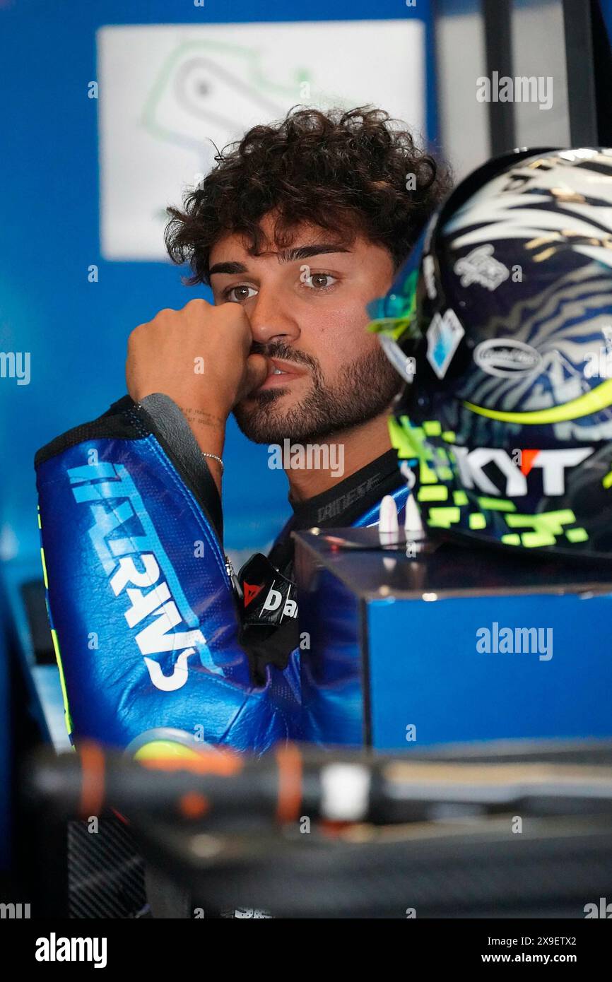 Mugello, Italien. 31 maggio 2024. 31.05.2024, autodromo Internazionale del Mugello, Mugello, MotoGP Gran Premio d'Italia 2024, nella foto il pilota di Moto2 Dennis Foggia dall'Italia, Italtrans Racing Team Credit: dpa/Alamy Live News Foto Stock