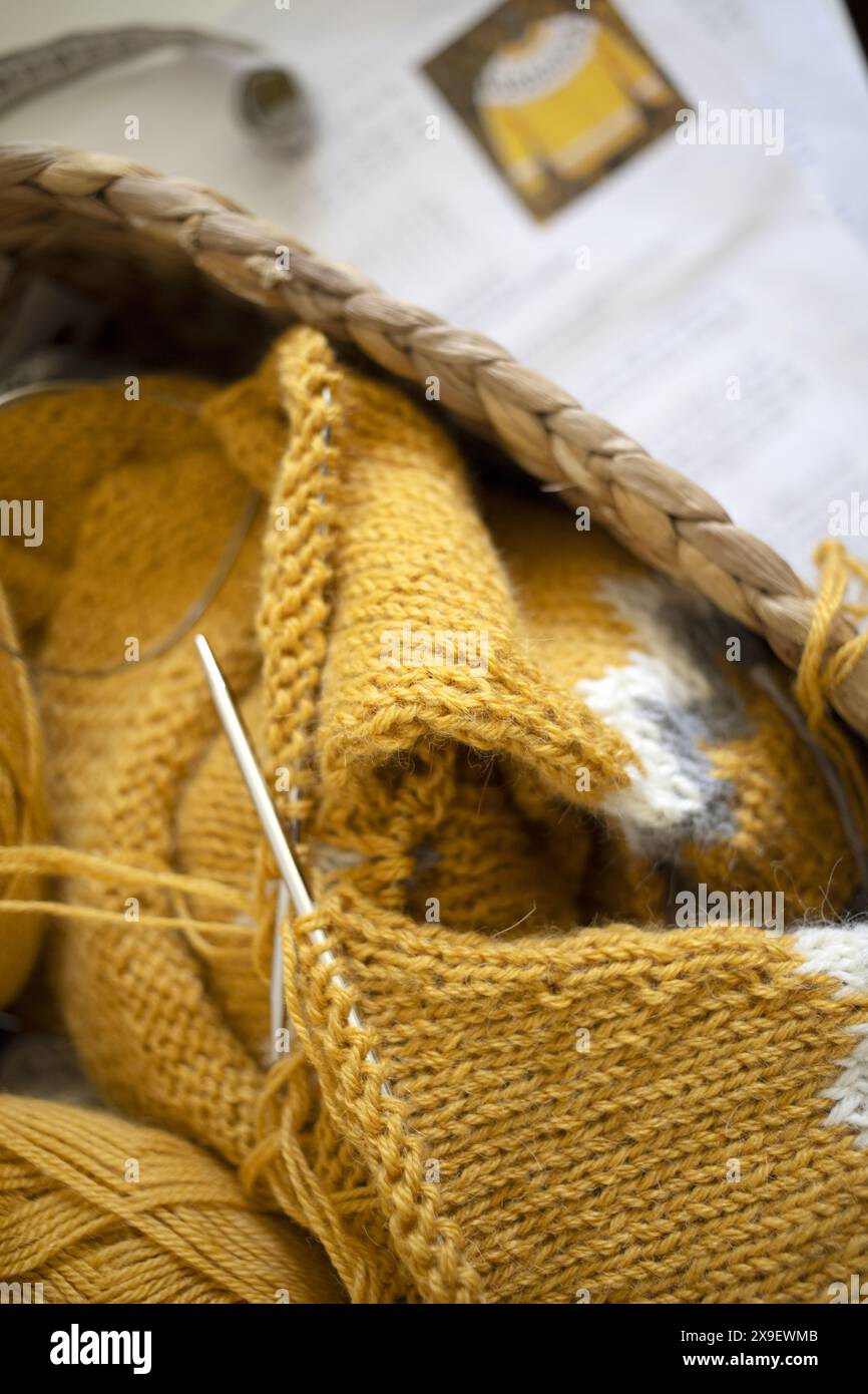 Foto ravvicinata delle maniche del pullover in maglia di lana di alpaca giallo in corso con tecnica magica ad anello in un cestino con palline in filato e patte stampato Foto Stock