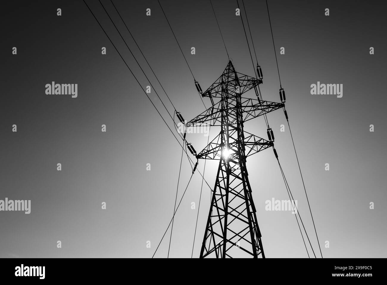 Immagine in bianco e nero con un polo elettrico ad alta tensione. Foto Stock