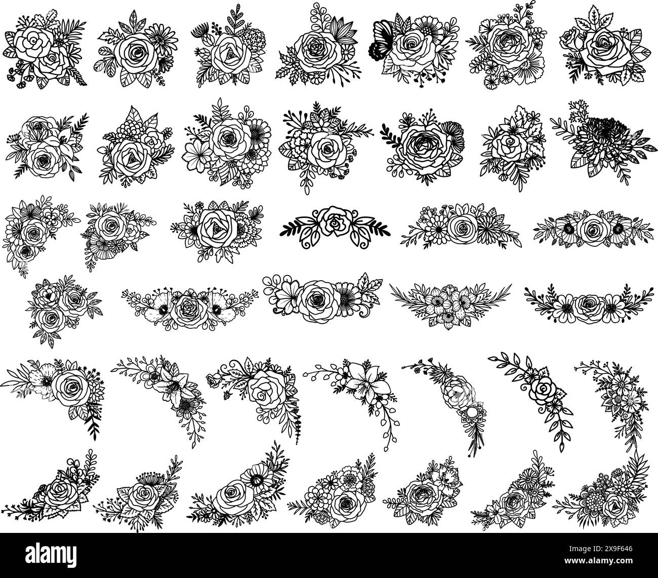 Mazzo floreale, decorazione d'angolo fiori per tessere nuziali, design di t shirt, tatuaggi e così via. Illustrazione vettoriale. Illustrazione Vettoriale