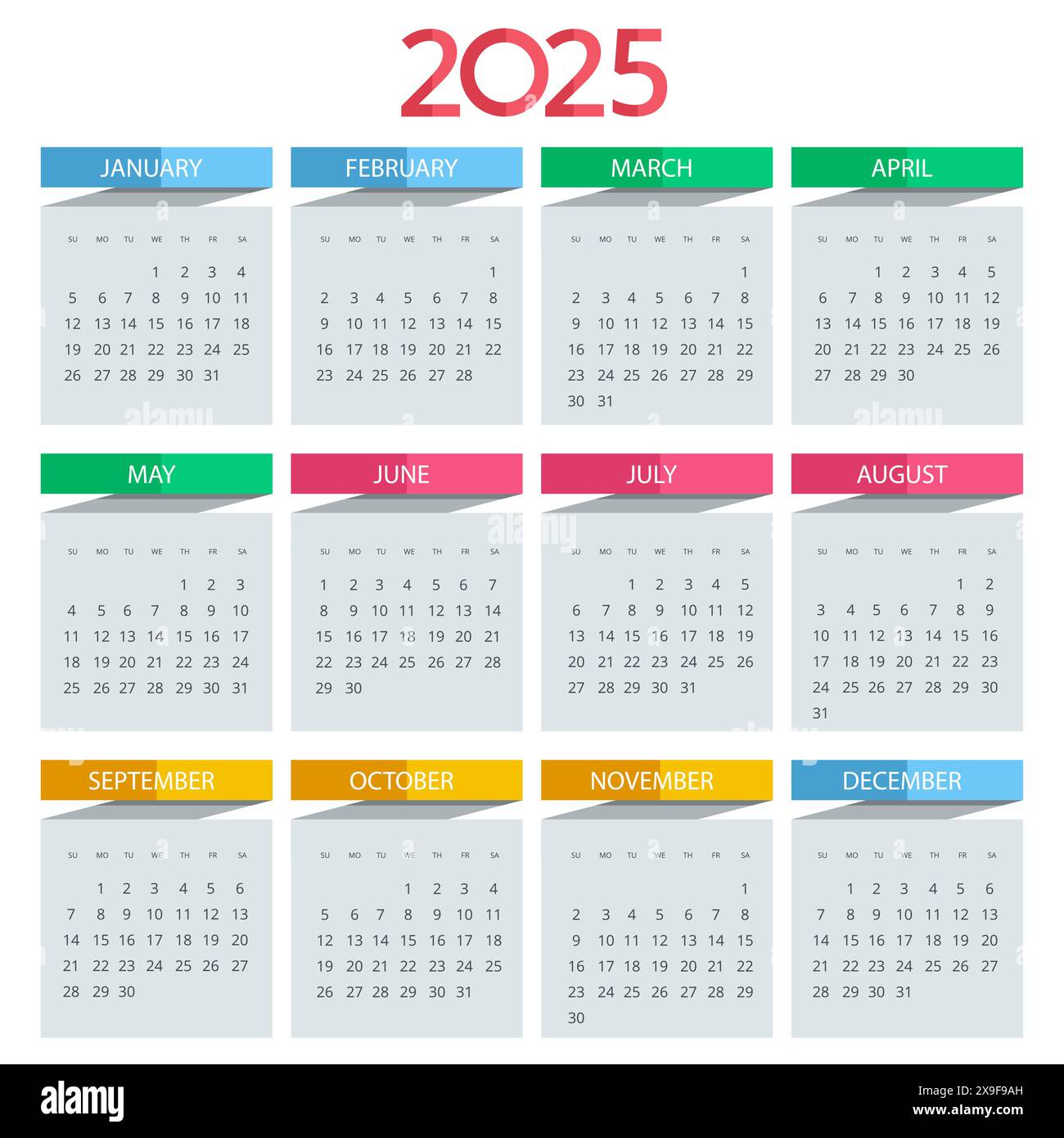 Calendario per il 2025. Modello di stampa 2025 con posizionamento per foto, logo e testo