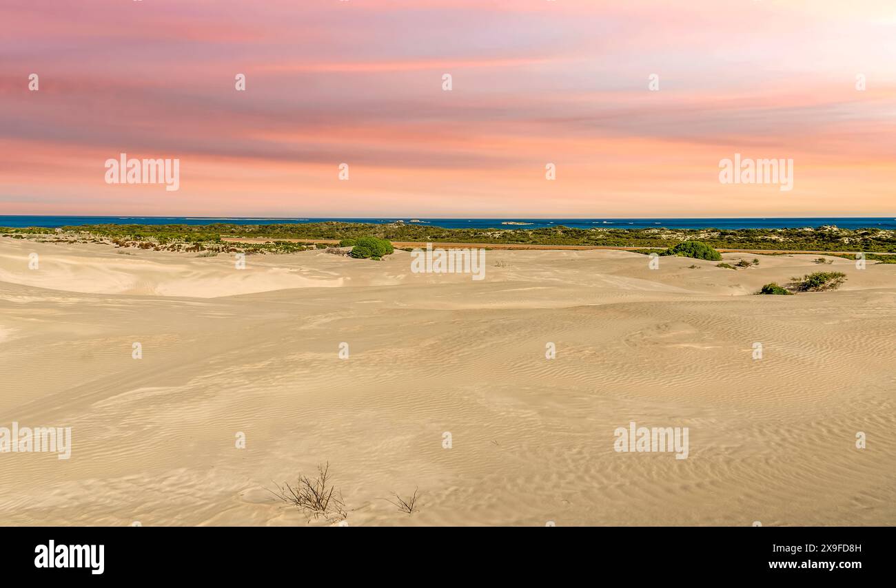 Tramonto pastello sulle dune di sabbia bianche, Lancelin, Australia Occidentale, Australia Foto Stock