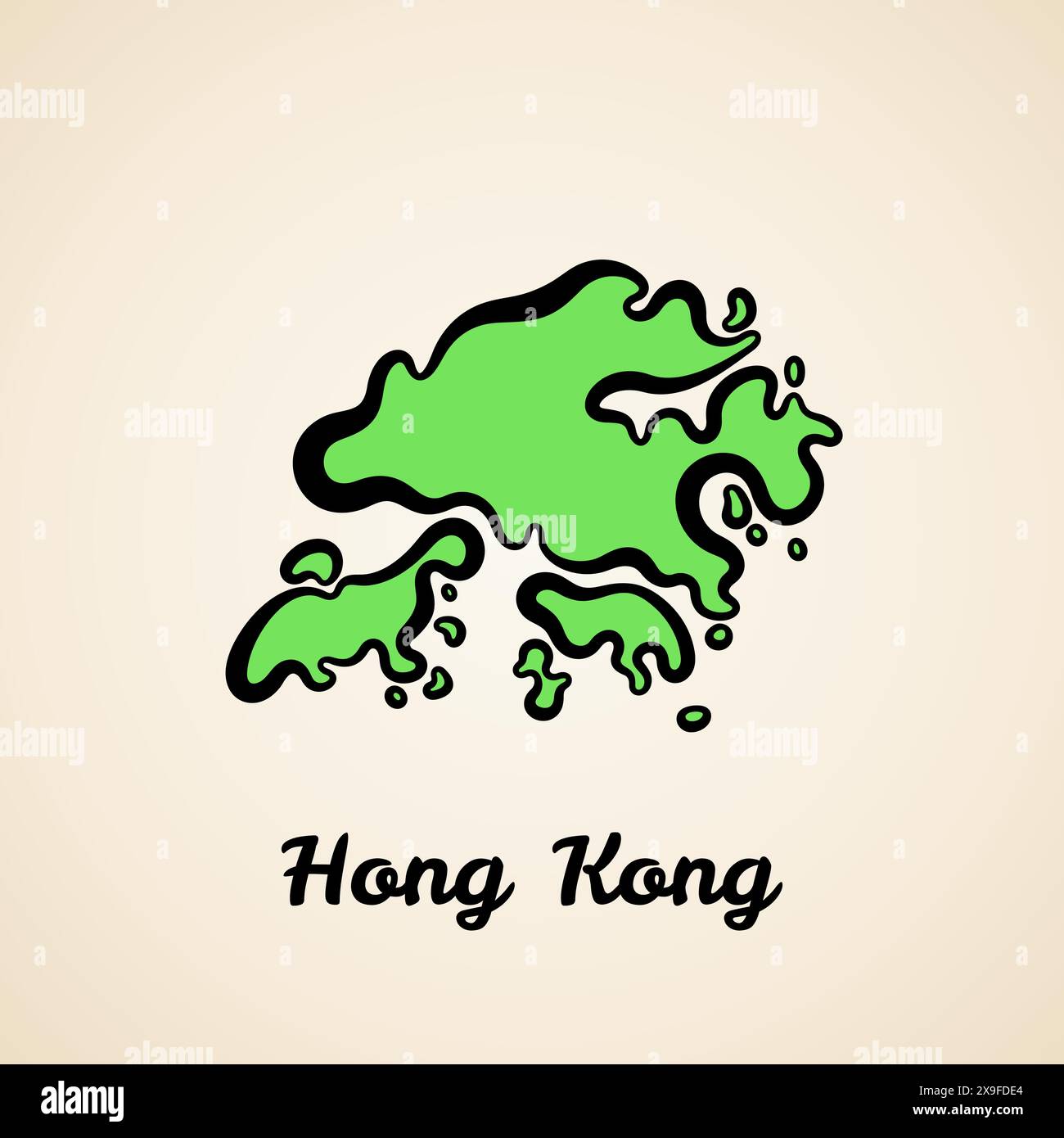 Mappa verde semplificata di Hong Kong con contorno nero. Illustrazione Vettoriale