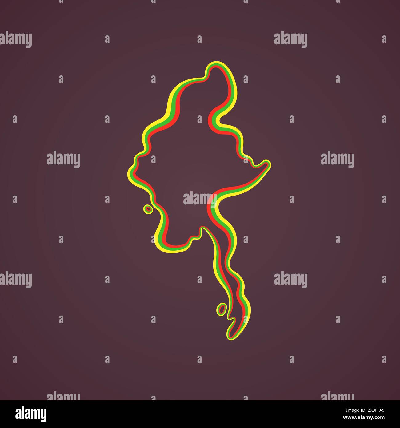Mappa del Myanmar contrassegnata con un nastro colorato dalla bandiera. Illustrazione Vettoriale