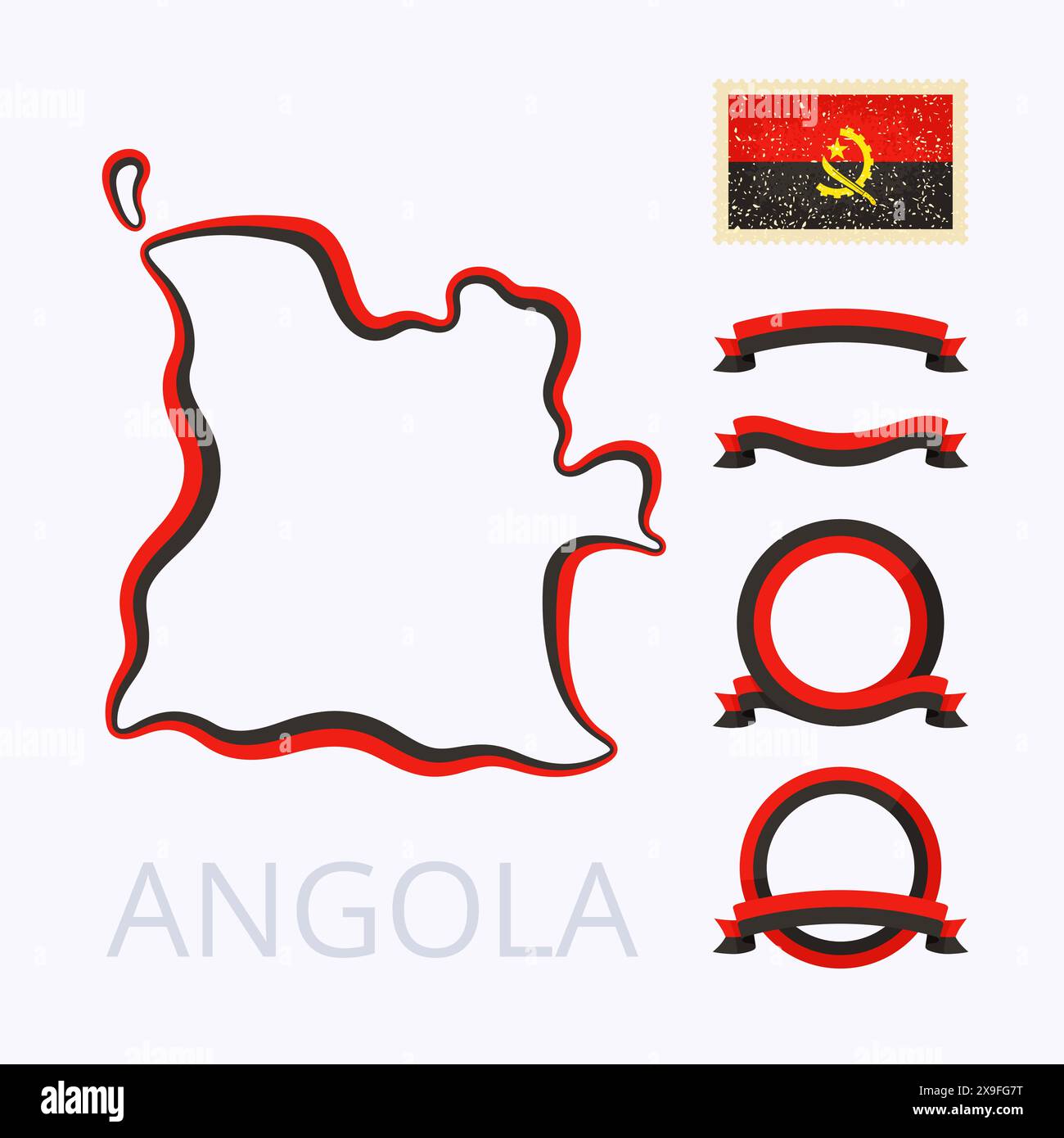 Mappa di riferimento dell'Angola. Il bordo è contrassegnato con un nastro di colore nazionale. La confezione contiene cornici in colori nazionali e timbro con bandiera. Illustrazione Vettoriale